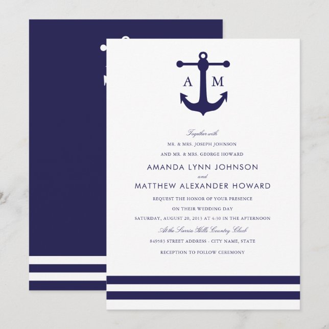 Convite para Casamento de Marinhos Náuticos (Frente/Verso)
