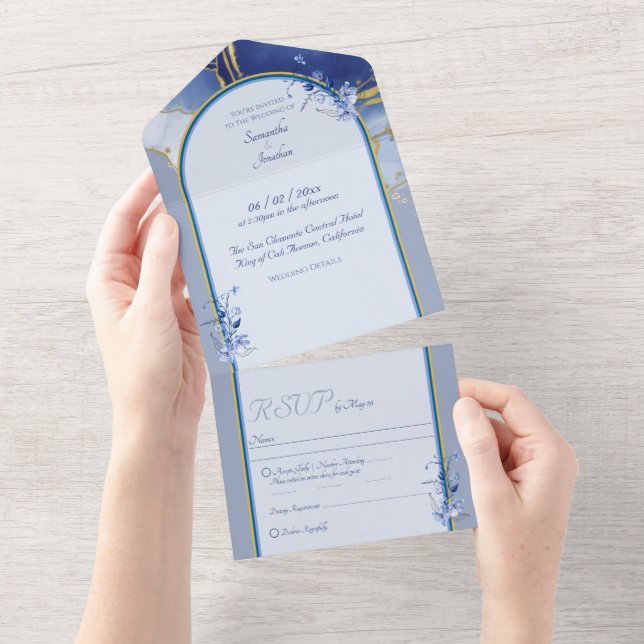 Convite para Casamento de Mármore Azul Moderno (Aba destacável)