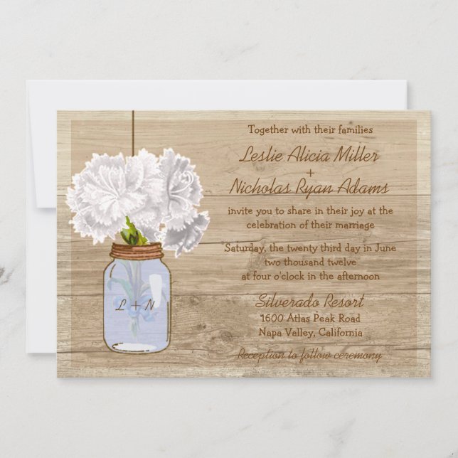 Convite Para Casamento De Mason Jar Rustic De Wood (Frente)