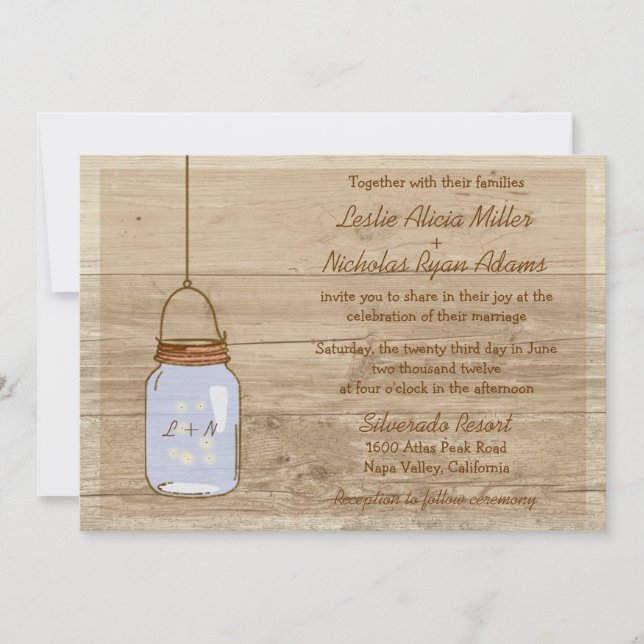 Convite Para Casamento De Mason Jar Rustic De Wood (Frente)