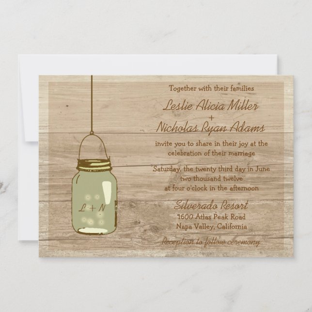Convite Para Casamento De Mason Jar Rustic De Wood (Frente)