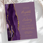 Convite para Casamento de Mauve Mauve Agate Dourad<br><div class="desc">A borda esquerda deste elegante convite de casamento moderno apresenta uma cor d'água roxa, borda agitada, aparada com falso brilho dourado. O texto personalizável combina manuscritos dourados, copperplate e fontes itálicas em um fundo de mola. O verso apresenta um design de agate roxo e dourado correspondente. NOTA: os envelopes não...</div>