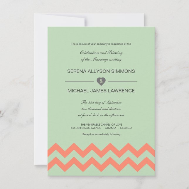 Convite para Casamento de Mint Green & Coral Chevr (Frente)