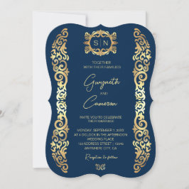 Convite para Casamento de Molduras Azuis e Ouro El