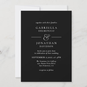 Convite para Casamento de Monograma Branco Preto E