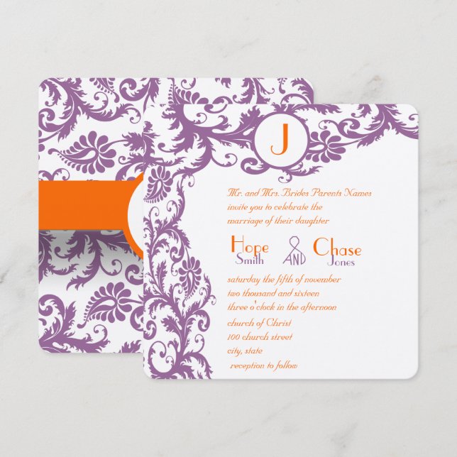 Convite para Casamento de Monograma de Damasco de  (Frente/Verso)