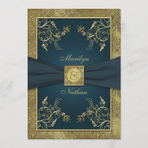 Convite para Casamento de Monograma Dourado e Teal
