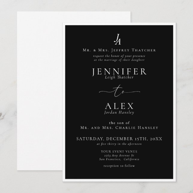 Convite para Casamento de Monograma Elegante Cláss (Frente/Verso)
