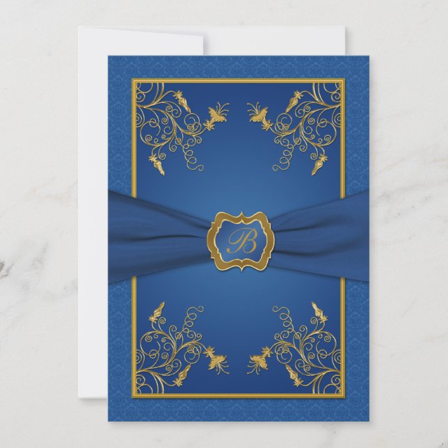 Convite para Casamento de Monograma Floral Azul e  (Frente)