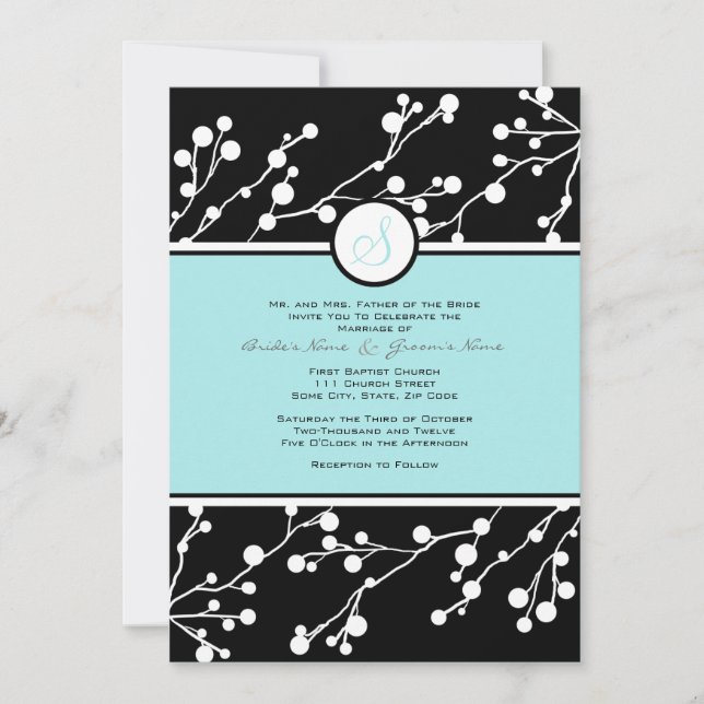 Convite para Casamento de Monograma Floral Preto e (Frente)