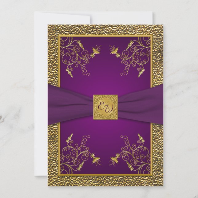 Convite para Casamento de Monograma Roxo e Dourado (Frente)