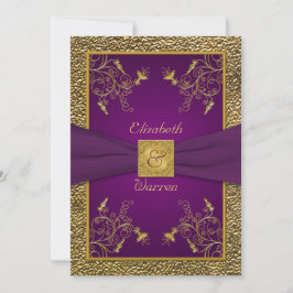Convite para Casamento de Monograma Roxo e Dourado