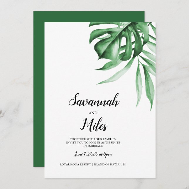 Convite para casamento de monstera tropical (Frente/Verso)