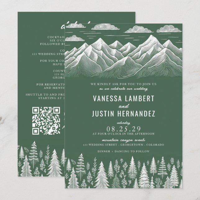 Convite para Casamento de Montanha Verde com Códig (Frente/Verso)