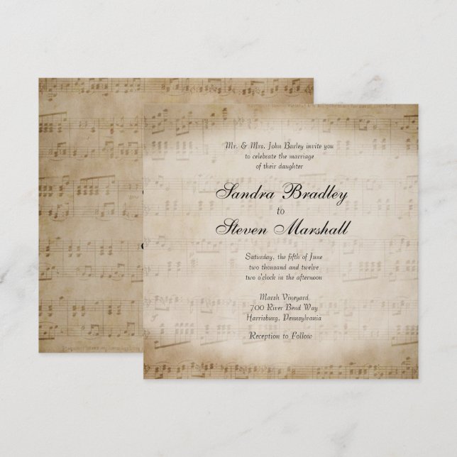 Convite para Casamento de Música Folha (Frente/Verso)