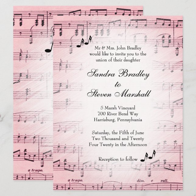 Convite para Casamento de Música Rosa com Folha 2 (Frente/Verso)