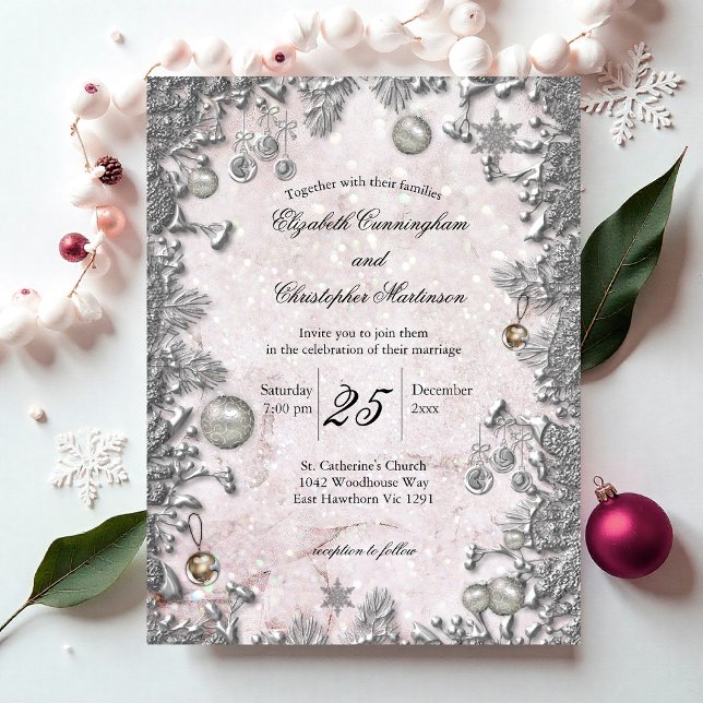 Convite para Casamento de Natal de inverno de prat (Magical Silver Winter Christmas Wedding Invitation Postcard by the Elegant Wedding)