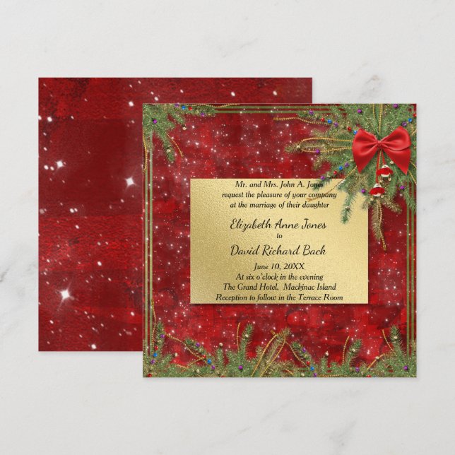 Convite para Casamento de Natal Dourado e Vermelho (Frente/Verso)