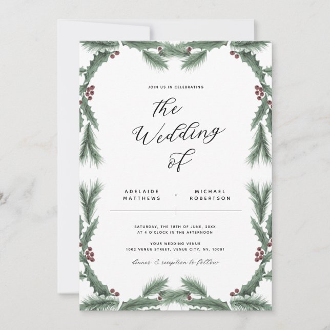 Convite para Casamento de Natal Holiday Greenery (Frente)