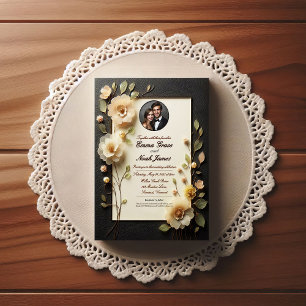 Convite para Casamento de Negra Floral e Creme