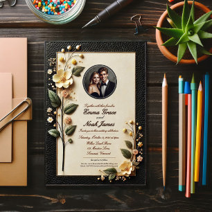 Convite para Casamento de Negra Floral e Creme