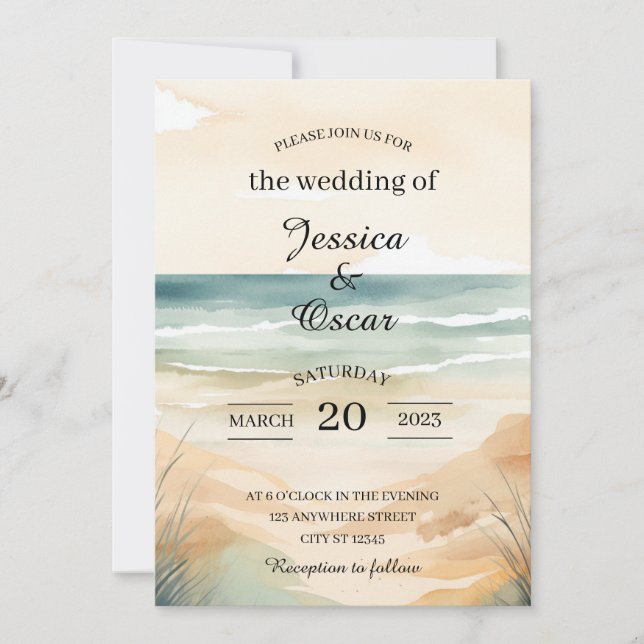 Convite para Casamento de Oceano de Praia Mínimo (Frente)