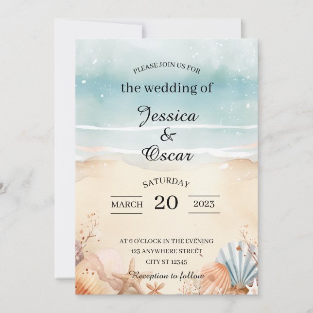 Convite para Casamento de Oceano de Praia Mínimo (Frente)