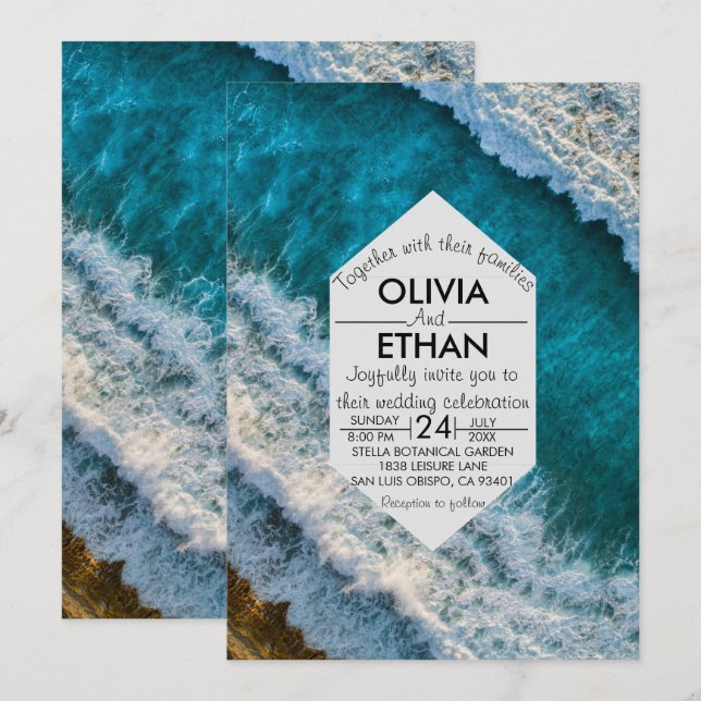 Convite para Casamento de Ondas Náuticas do marinh (Frente/Verso)