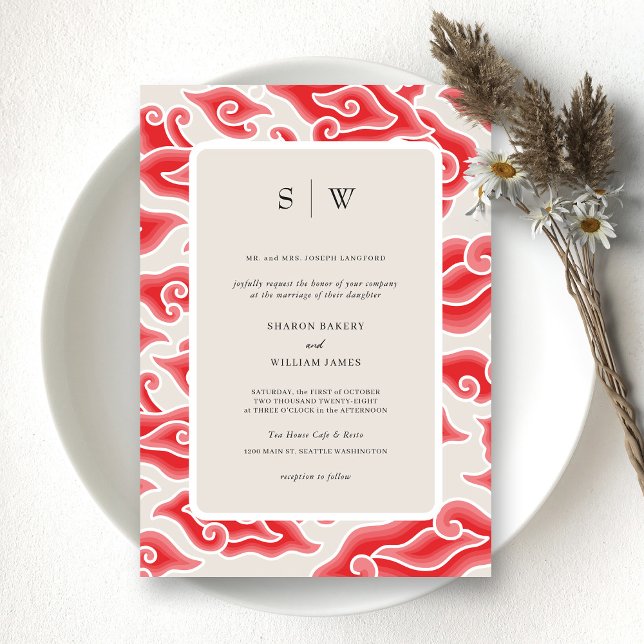 Convite para Casamento de Ondas Roxas Elegantes (Embrace Timeless Beauty with a Vintage Red Wedding Invitation)