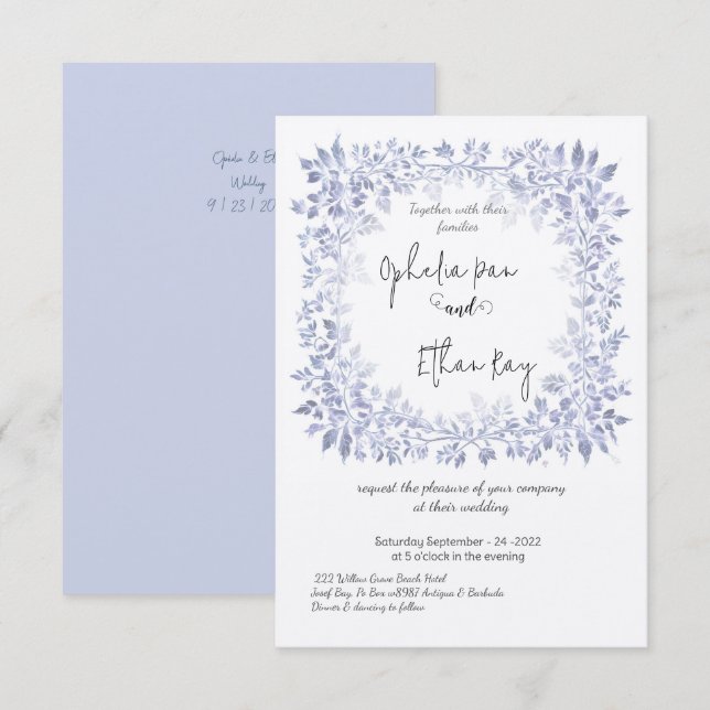 Convite para casamento de Ornamentado Floral Azul  (Frente/Verso)