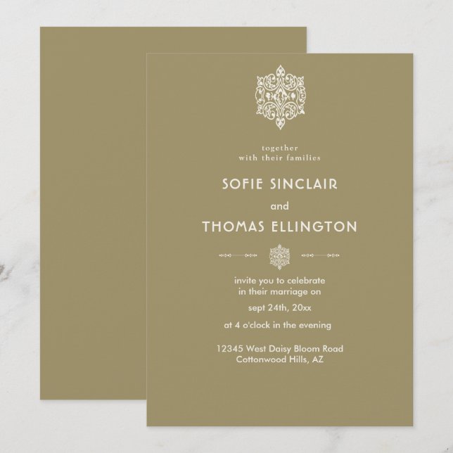 Convite para Casamento de Ornamento de Beige (Frente/Verso)