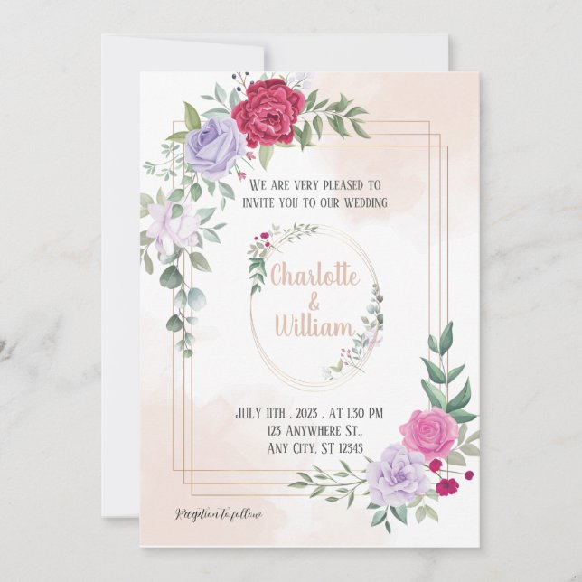 Convite para Casamento de Ouro Floral Rosa Elegant (Frente)
