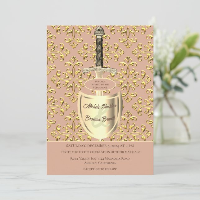 Convite para Casamento de Padrão Dourado Real (Em pé/Frente)