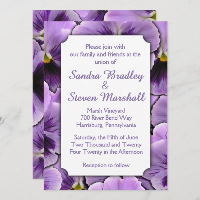 Convite para Casamento de Pansy Roxo oculto (Frente/Verso)