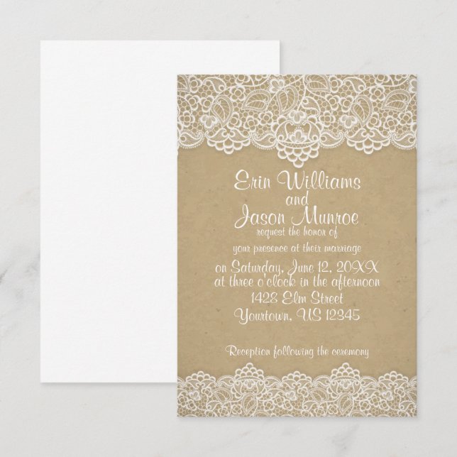 Convite para Casamento de Papel Castanho de Lace B (Frente/Verso)