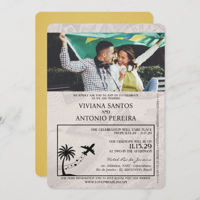 Convite para Casamento de Passaporte Amarelo do Br (Frente/Verso)