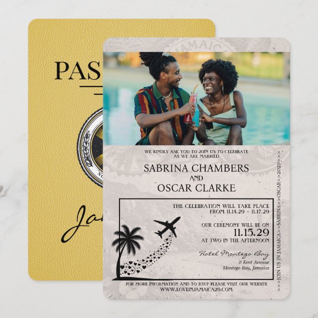 Convite para Casamento de Passaporte Amarelo Jamai (Frente/Verso)