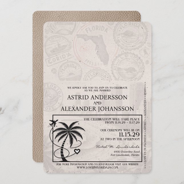 Convite para Casamento de Passaporte Beige Florida (Frente/Verso)
