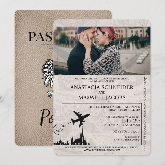 Convite para Casamento de Passaporte Beige Polônia (Frente/Verso)