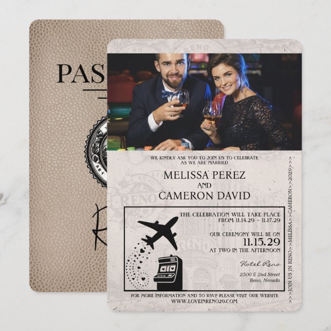 Convite para Casamento de Passaporte Beige Reno (Frente/Verso)