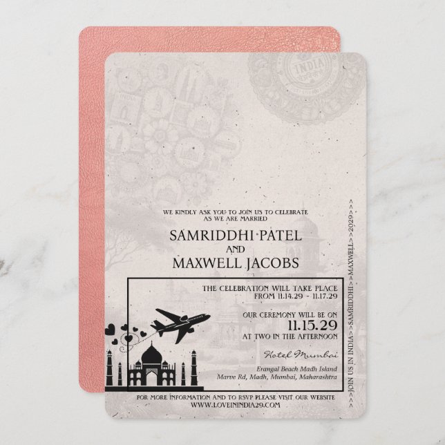 Convite para Casamento de Passaporte da Índia rosa (Frente/Verso)