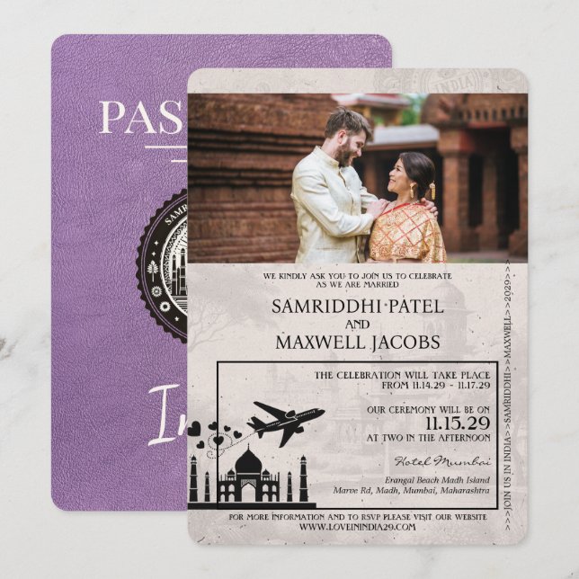 Convite para Casamento de Passaporte da Índia Roxo (Frente/Verso)