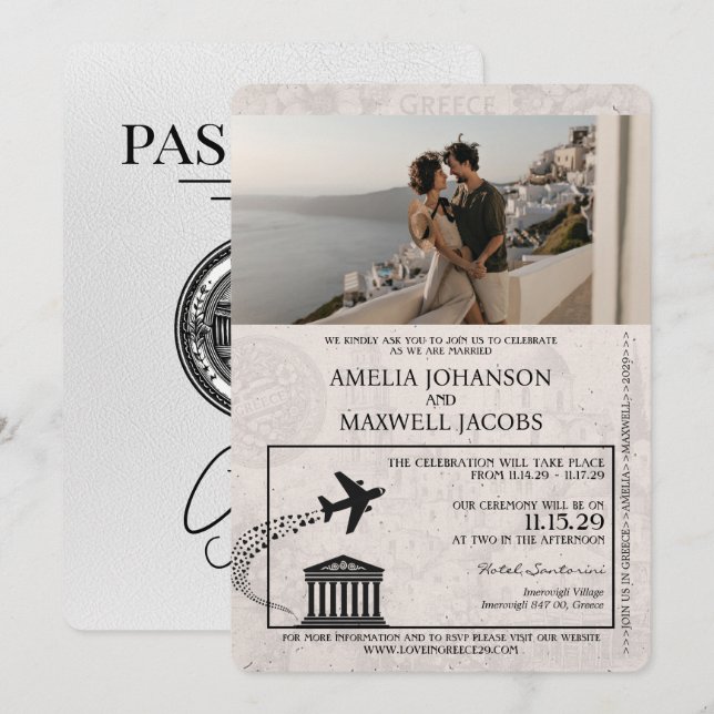 Convite para Casamento de Passaporte de Grécia Bra (Frente/Verso)
