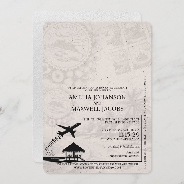 Convite para Casamento de Passaporte de Maldivas B (Frente/Verso)
