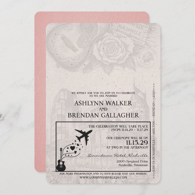 Convite para Casamento de Passaporte de Nashville  (Frente/Verso)