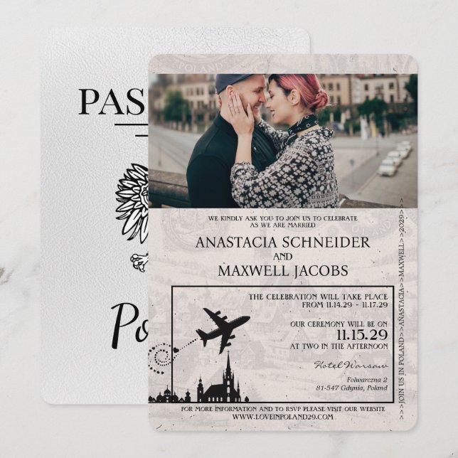 Convite para Casamento de Passaporte de Polônia Br (Frente/Verso)