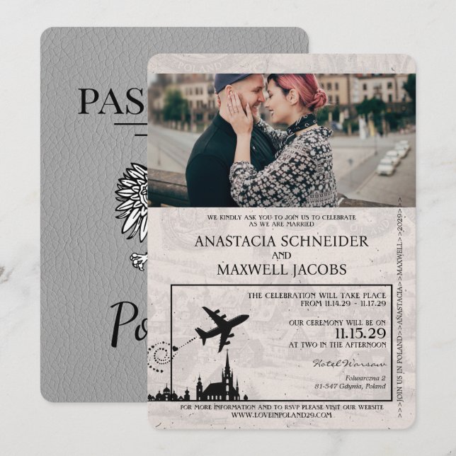 Convite para Casamento de Passaporte de Polônia da (Frente/Verso)