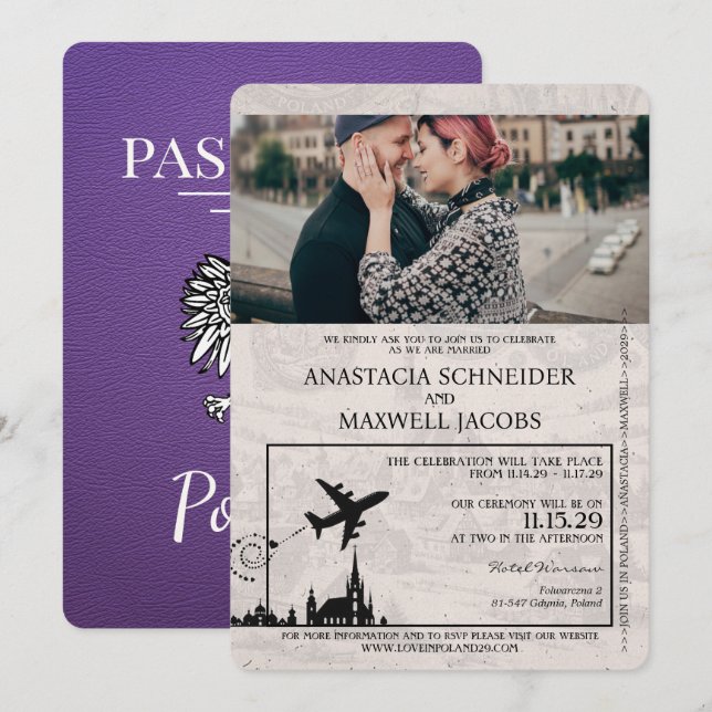 Convite para Casamento de Passaporte de Polônia Ro (Frente/Verso)