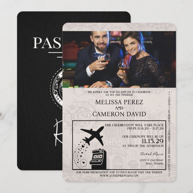 Convite para Casamento de Passaporte de Reno Negro (Frente/Verso)