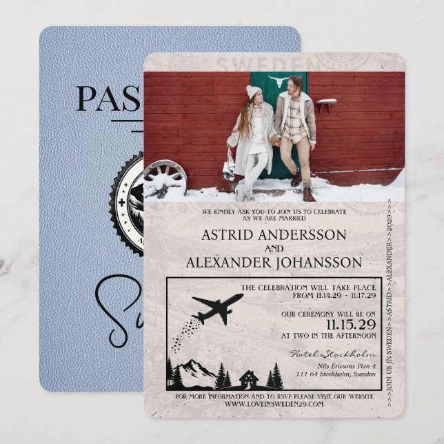 Convite para Casamento de Passaporte de Suecia Azu (Frente/Verso)
